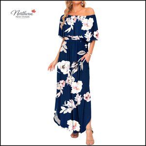 Off Shoulder Strapless Maxi Dress with Pockets, Ruffle Casual Swing Sundress